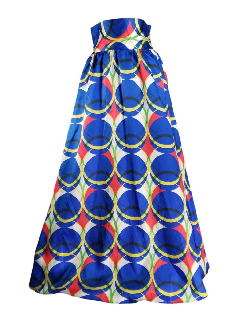 Bold Cobalt Abstract Circles Maxi Skirt S High Waist Full Pleats Gathers Elegant